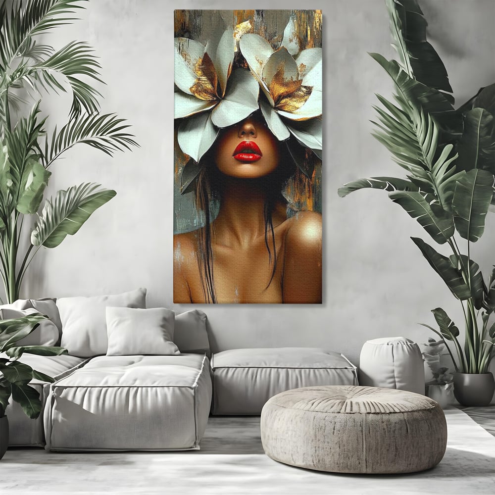 Tablou canvas cu tablou canvas cu femeie si flori, fara rama, pe sasiu de lemn, pe perete intr-un living